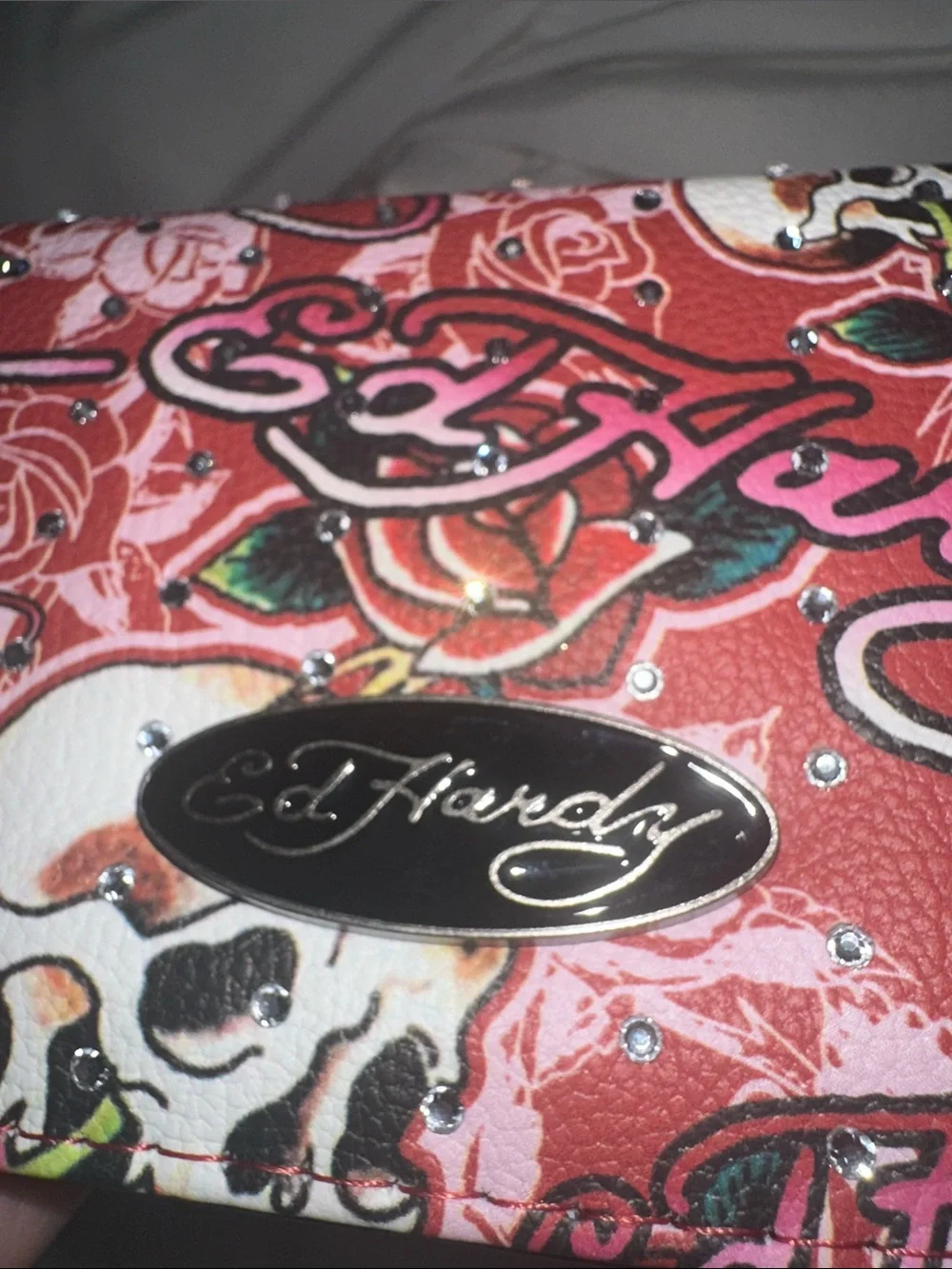 NWT Ed Hardy Red Skull & Rose Graphic Wallet lots of card and pocket rhinestones